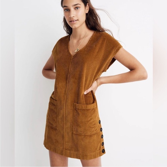 Madewell Dresses & Skirts - Madewell Corduroy Side Button Shift Dress Antique Gold Cotton Size XS